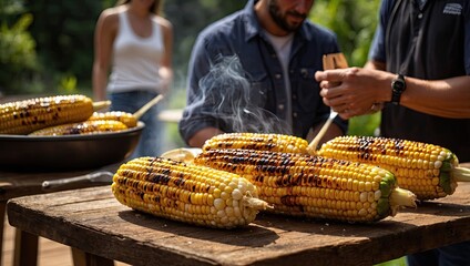 A photo of grilled corn being served on a rustic wooden table during a summer barbecue