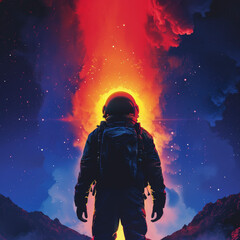 Obraz premium Cosmic Dawn, Astronaut's Gaze: A lone astronaut stands silhouetted against a vibrant nebula, gazing at a distant sun in this awe-inspiring space exploration scene. 