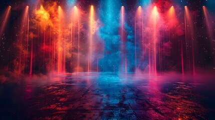 Theater stage background with spotlights shining on an empty stage, featuring vibrant backdrop decorations for an entertainment show