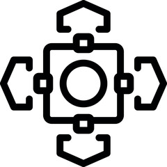 Bold line icon representing a data exchange system connecting to multiple devices, symbolizing seamless data transfer and connectivity