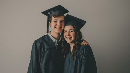 A young man and woman in graduation attire stand close, beaming with pride, congratulating each other on their achievements.