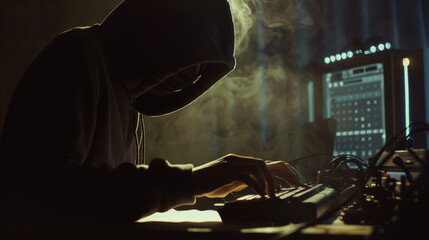 A hooded figure types on a keyboard in a dim, smoky room with a glowing computer screen.