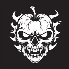skull in the shape of a pumpkin fire background scary halloween evil demon icon black and white vector business logo tattoo design illustration high quality image for prints t-shirt 