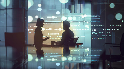 Two professionals engage in a thoughtful discussion in a sleek, modern office, with digital data overlays adding a tech-savvy touch.
