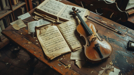 Fototapeta premium An aged violin lies on a rustic wooden table alongside yellowed sheet music, capturing a nostalgic moment of classical music and timeless craftsmanship.
