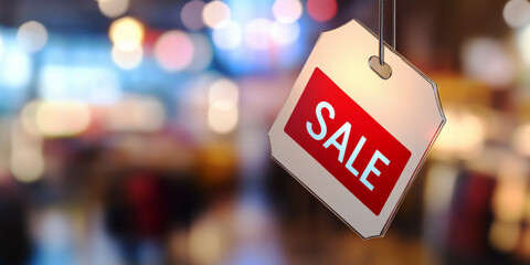 Red Sale Tag in Shopping Mall with Blurred Background