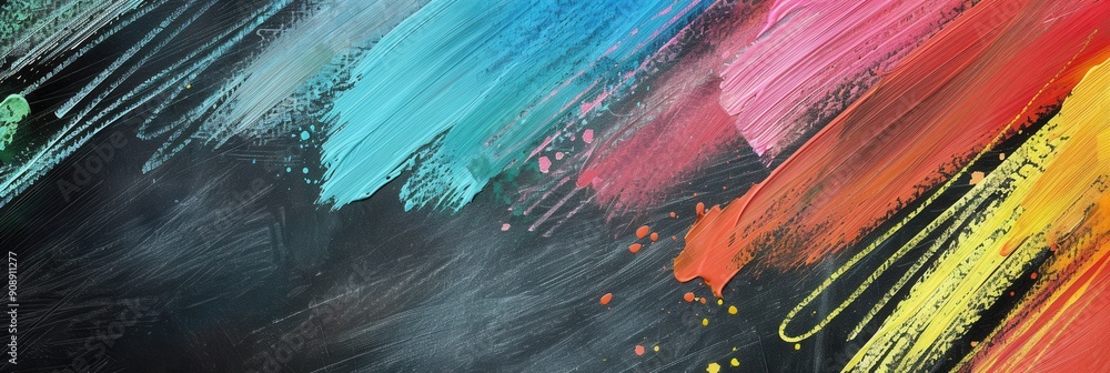 Poster Colorful brushstrokes blend on a dark green chalkboard, showcasing artistic expression in a classroom setting filled with creativity. Generative AI