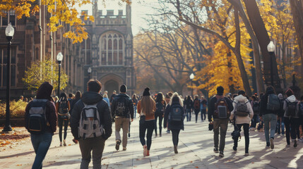 People walking on a university campus during autumn, leaves falling, creating a warm and vibrant academic atmosphere.