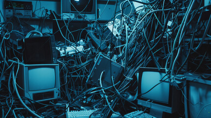 A chaotic jumble of cables and vintage computer equipment fills a poorly lit room, encapsulating the disorderly side of technological history.
