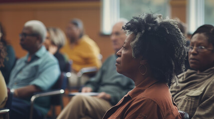 A diverse group of individuals attentively listens during a seminar in a brightly lit room, showcasing engaged participants in a collective learning experience.