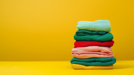 A vibrant stack of folded colorful clothes against a solid yellow background, creating a cheerful and organized visual appeal.