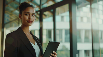 A confident professional holds a tablet, standing in an open office with large windows and modern architecture, exuding readiness and determination.