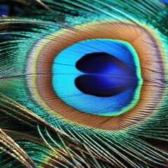 Peacock Feather Majesty:  A macro photograph capturing the iridescent beauty of a peacock feather, showcasing its vibrant blue, green, and gold hues. 