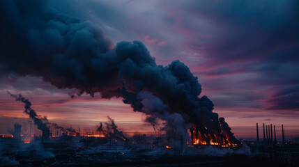 Thick, black smoke billows from industrial chimneys against a dramatic sunset sky, creating a contrast between nature's beauty and environmental impact.