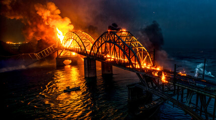 Obraz premium Bridge that is on fire with boat in the water below it.