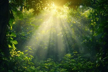 Obraz premium Lush green jungle with sunlight shining through foliage suitable for naturethemed designs, environmental websites, travel brochures, tropical settings.