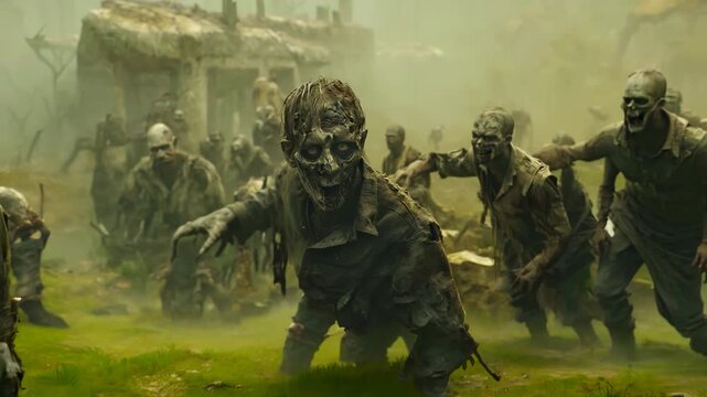 Terrifying horde of zombies crawling and advancing in a misty forest during a post-apocalyptic scenario
