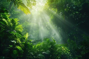 Lush green jungle with sunlight shining through foliage suitable for naturethemed designs, environmental websites, travel brochures, tropical settings.