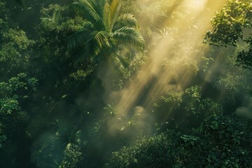 Fototapeta premium Lush green jungle with sunlight shining through foliage suitable for naturethemed designs, environmental websites, travel brochures, tropical settings.