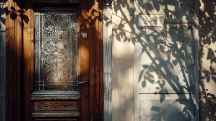Ornate wooden door with intricate glass paneling, bathed in afternoon light with leaf shadows creating a tranquil ambiance.