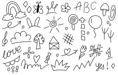Set of cartoon doodle hand drawn elements. Line art. Crowns, rainbow, hearts, stars, flowers, sparkles, arrows, lightnings, smiley, signs, funny design elements іsolated on white background.