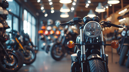 A close-up of a motorcycle's headlight in a modern showroom, surrounded by various bikes under warm ambient lighting.