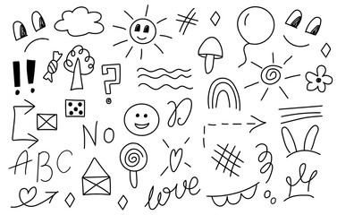 Big set of Hand-Drawn Doodle Elements Set &ndash; Fun Sketch Icons and Symbols for Notes and Design. Crowns, hearts, stars, flowers, sparkles, arrows, lightnings, smiley, signs .