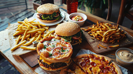 A delicious spread of fast food including burgers, fries, pizza, and various sides on a wooden table, creating an appetizing feast.