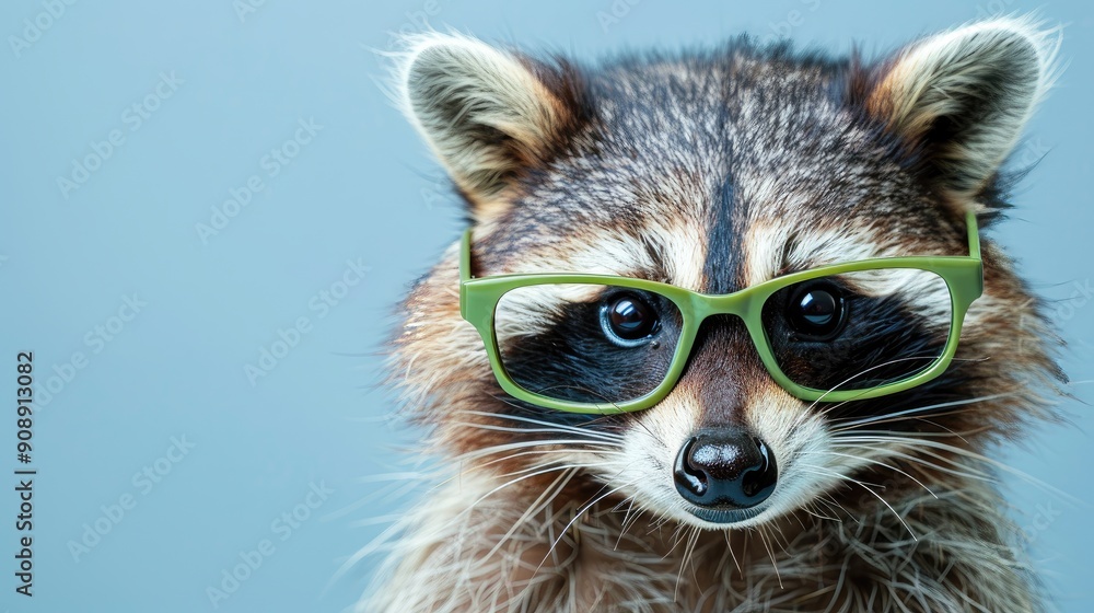 Wall mural A raccoon wearing green glasses is staring at the camera