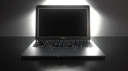 Laptop on dark polished surface with soft spotlight