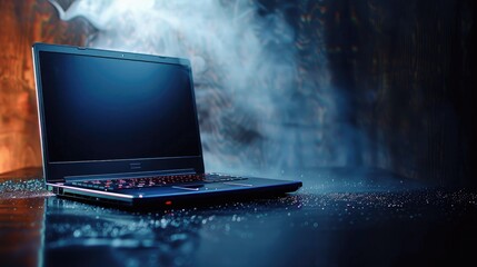Laptop on dark polished surface with soft spotlight