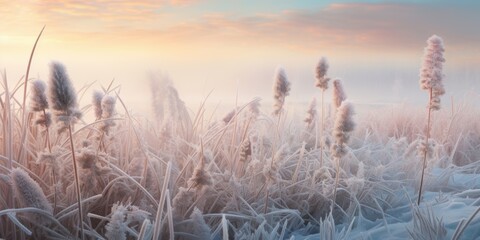 Obraz premium Frozen reeds covered in frost during sunrise, capturing the serene and chilly beauty of a winter morning.