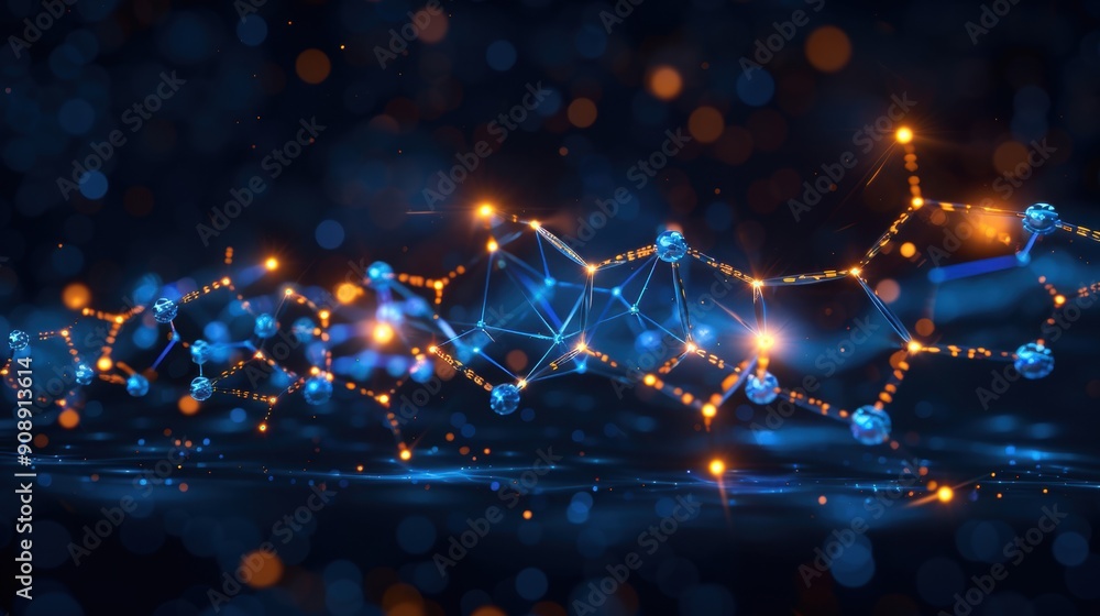 Poster abstract representation of a glowing molecular structure with blue and orange bokeh lights, symboliz