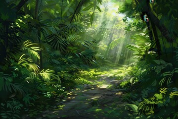 Fototapeta premium Lush green jungle with sunlight shining through foliage suitable for naturethemed designs, environmental websites, travel brochures, tropical settings.