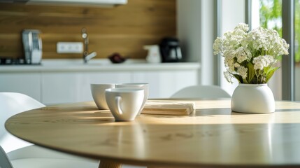 Fototapeta premium Sleek, modern kitchen interior in a bright white room, featuring elegant wood accents and minimalist design.