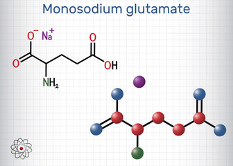 Monosodium glutamate,  MSG, sodium glutamate molecule. It is flavor enhancer E621. Structural chemical formula, molecule model. Sheet of paper in a cage