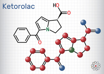 Ketorolac molecule. It is nonsteroidal anti-inflammatory drug NSAID. Structural chemical formula, molecule model. Sheet of paper in a cage