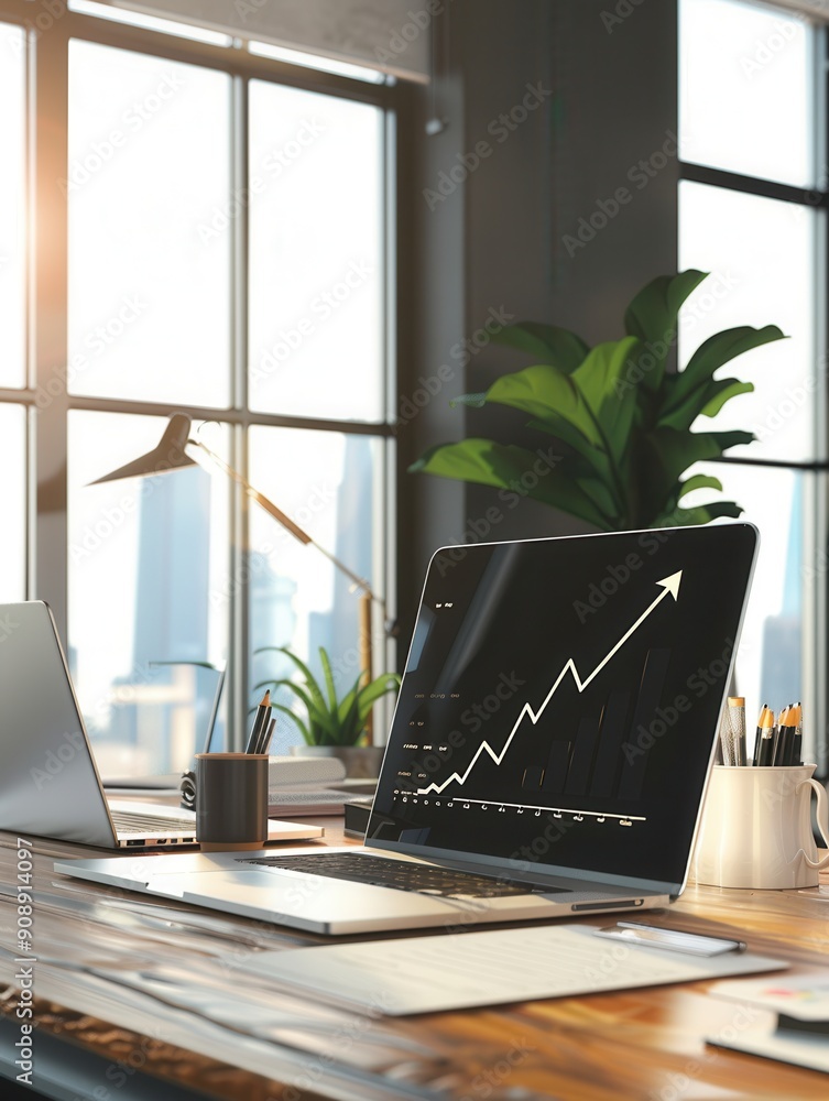Poster bright and airy modern office with large windows showcasing a growth chart on the laptop, highlighti