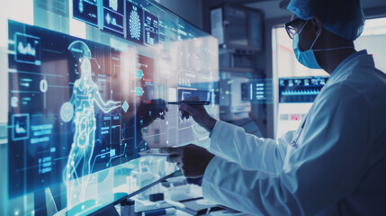 A medical professional utilizing a state-of-the-art holographic display to examine intricate human anatomy for advanced healthcare solutions.