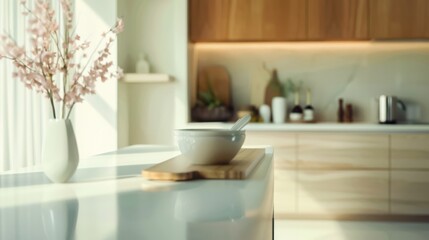 Sleek, modern kitchen interior in a bright white room, featuring elegant wood accents and minimalist design.