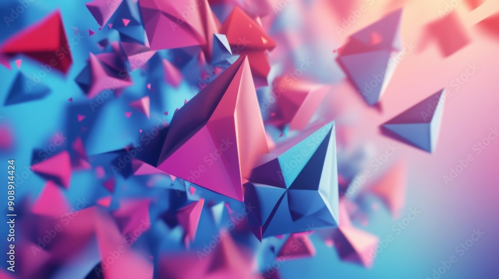 Poster 3d rendering of dynamic polygonal shapes in motion, forming an energetic and lively composition.