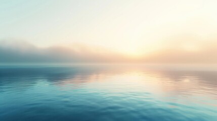 A serene ocean view with calm waters and a misty sunrise creating a tranquil and peaceful atmosphere.