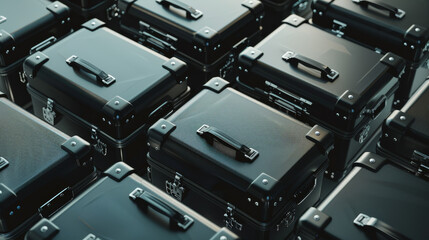 A series of neatly arranged metallic black storage cases with handles, showcasing order and organization.