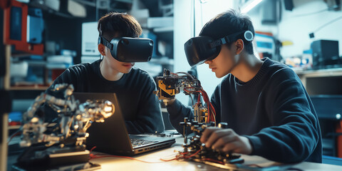 Two Collage Student Studying Robotics with Virtual Reality Headset