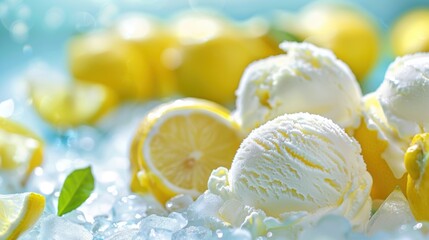 Refreshing lemon ice cream scoops placed on a bed of crushed ice, with fresh lemon slices in the background.