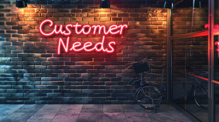Naklejka premium Customer needs sign illuminated by red neon on brick wall outside bar entrance with bicycles parked at night