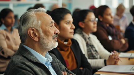 An elderly man attentively listens during a seminar, surrounded by a mixed-age audience, reflecting their engagement and unity in the learning experience.