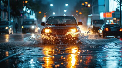 Fototapeta premium A car drives through puddles on a rainy night, creating dramatic splashes and reflections on the wet city street.