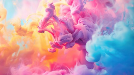 Obraz premium Swirling colorful ink in water, creating an abstract and vibrant visual art piece with pink, yellow, and blue hues.