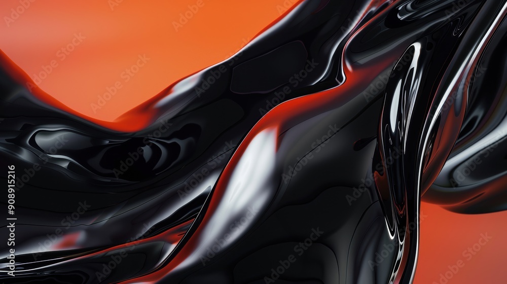Poster abstract close-up of glossy black fluid shapes on a vibrant orange background, creating a striking a